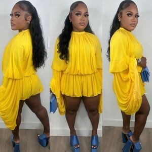Bright Yellow Draped Romper – Flowy Statement Piece